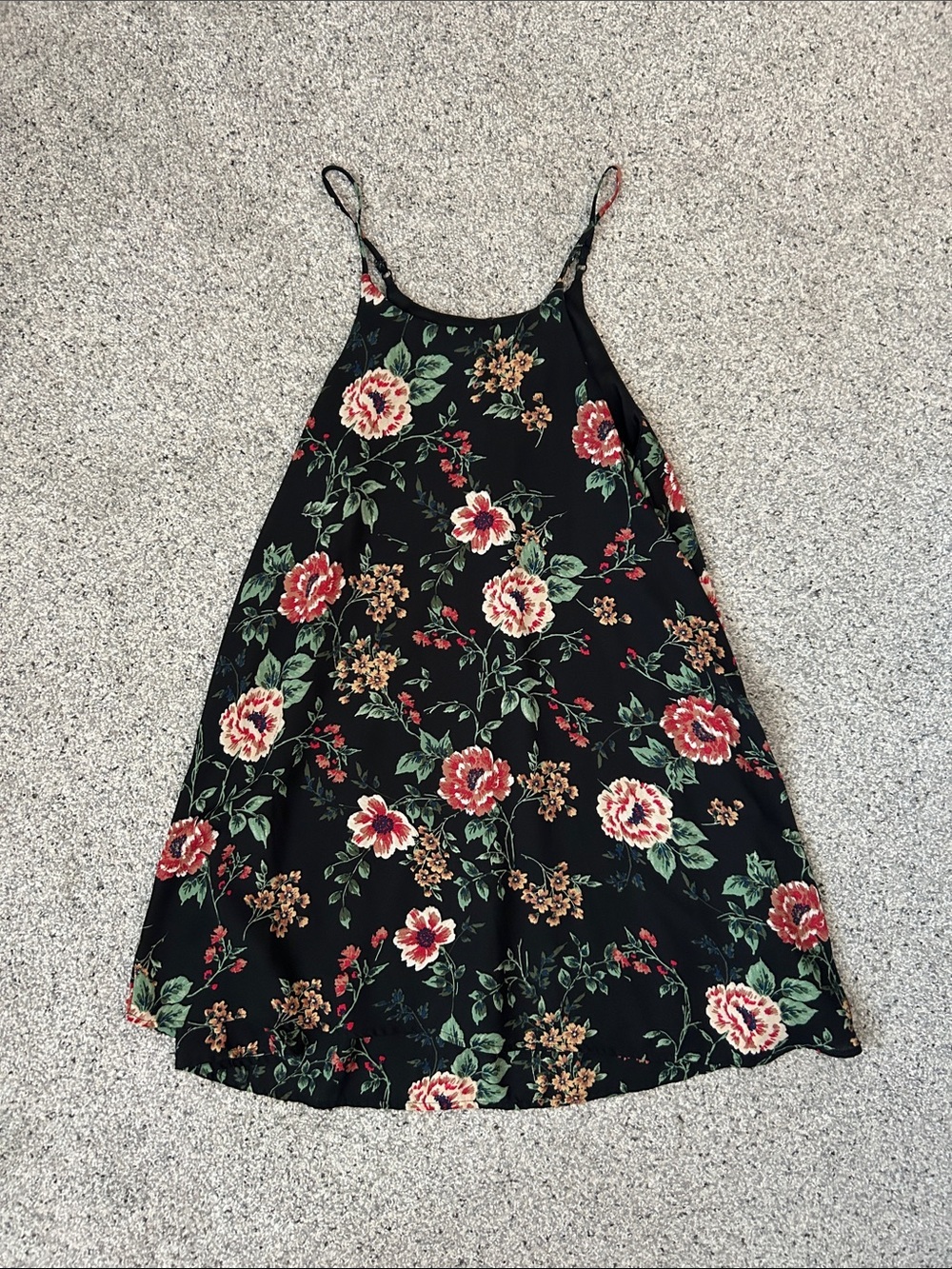 Francesca's Collections Black Floral Slip Mini Dress with Red & Green Accents